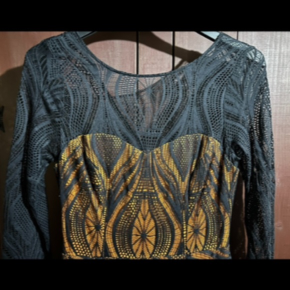 Eva Franco Embroidered Laced Long Sleeve Fit & Flare Dress Black/Orange Size 6 - Picture 3 of 10